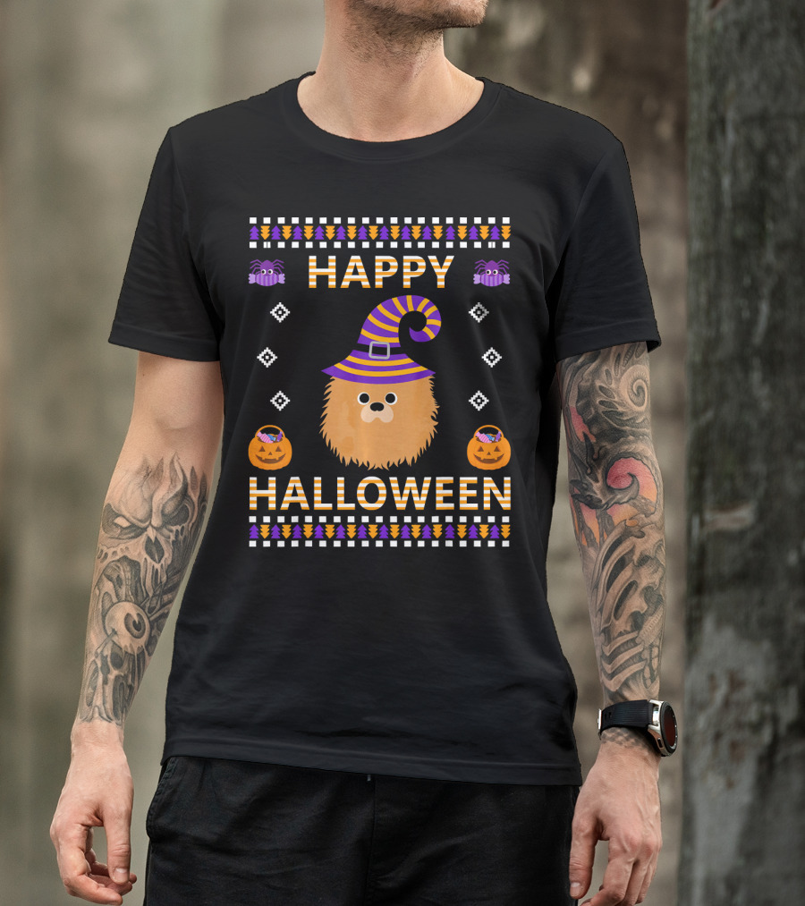 Happy Halloween Pomeranian Witch Hat Pumpkin Ugly Costume T-Shirt