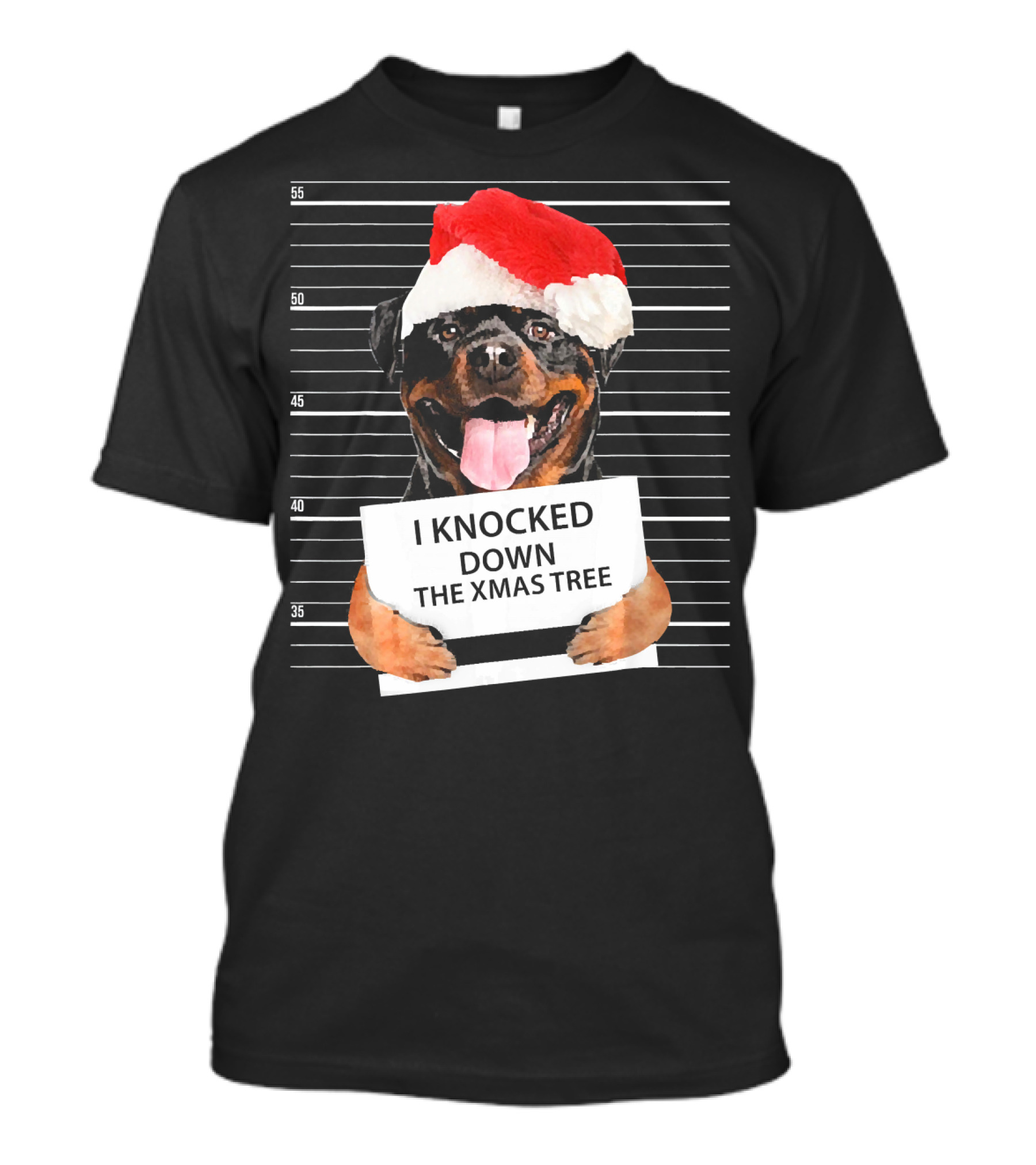 Rottweiler Mugshot I Knocked Down The Xmas Tree Santa Hat T-Shirt