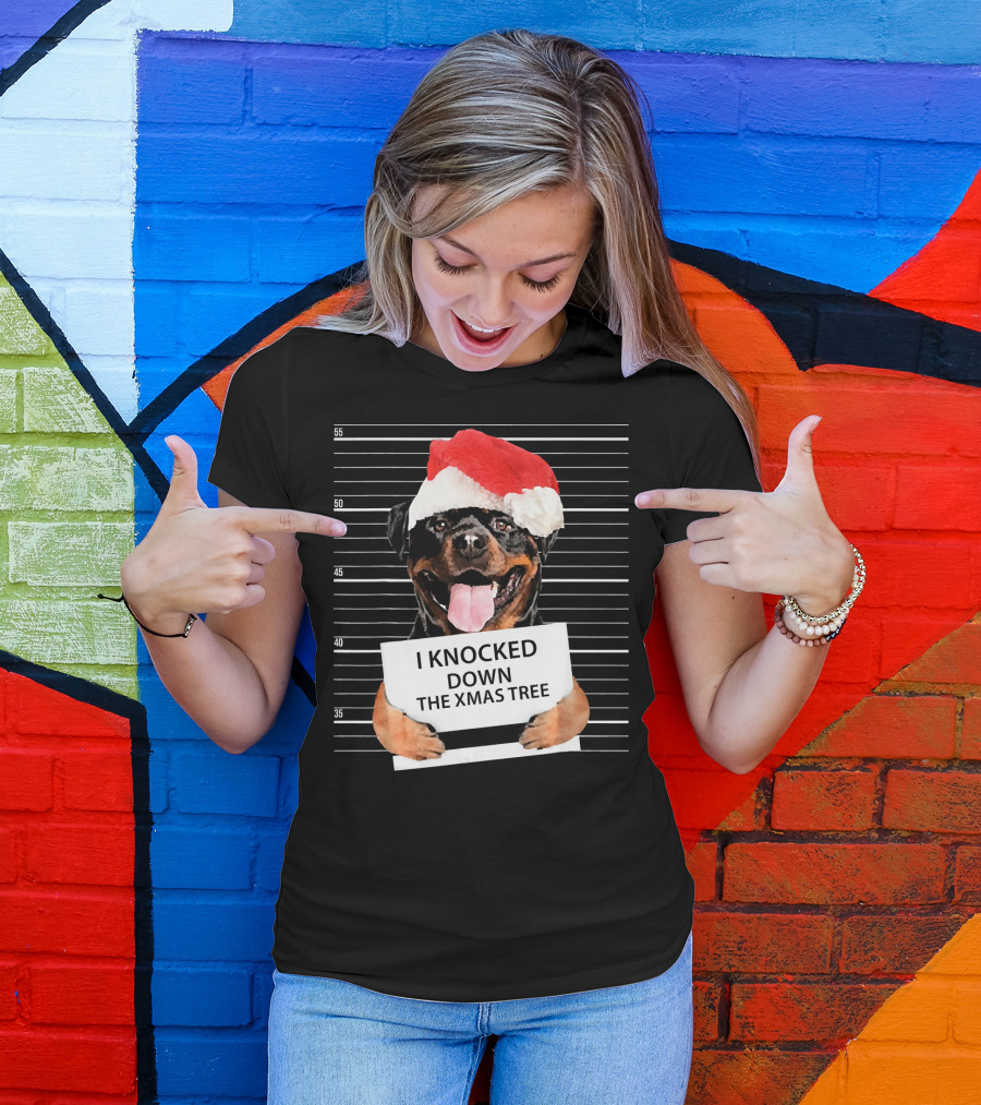 Rottweiler Mugshot I Knocked Down The Xmas Tree Santa Hat T-Shirt