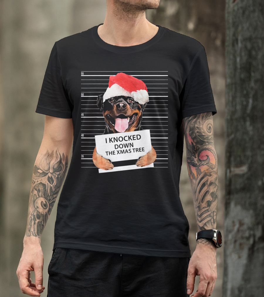 Rottweiler Mugshot I Knocked Down The Xmas Tree Santa Hat T-Shirt