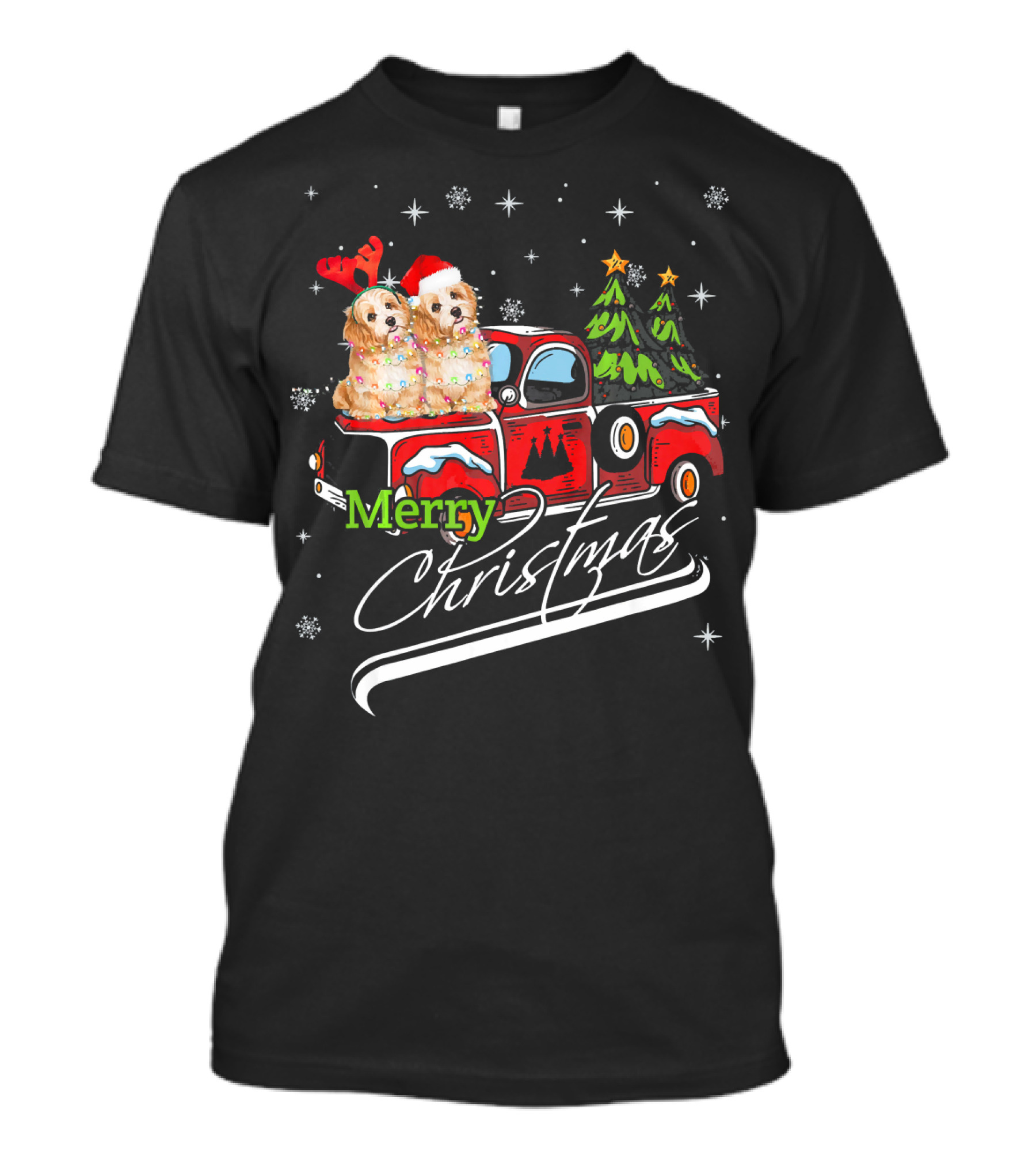 Merry Christmas Cute Shih Tzu On Red Truck With Christmas Trees T-Shirt