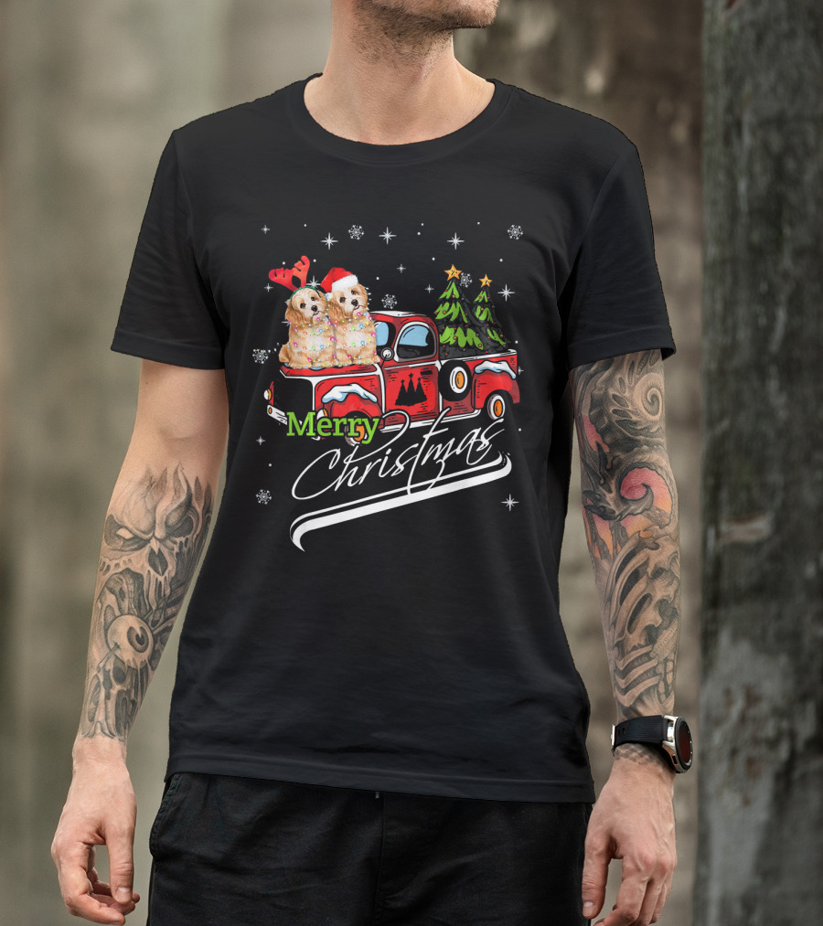 Merry Christmas Cute Shih Tzu On Red Truck With Christmas Trees T-Shirt