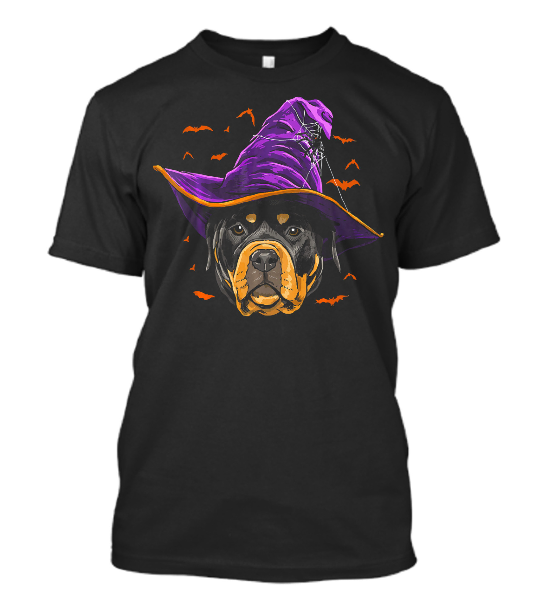 Rottweiler With Purple Witch Hat And Bats T-Shirt