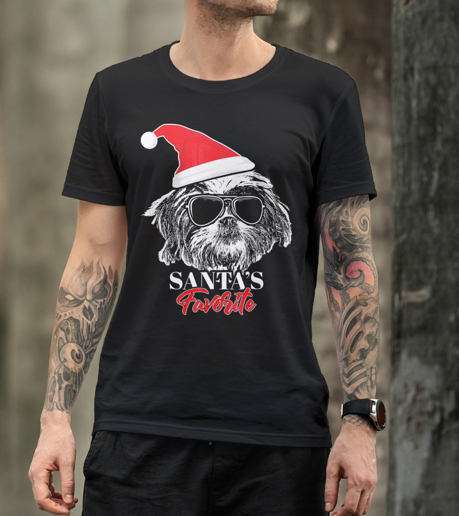 Santa's Favorite Shih Tzu In Sunglasses With Santa Hat T-Shirt