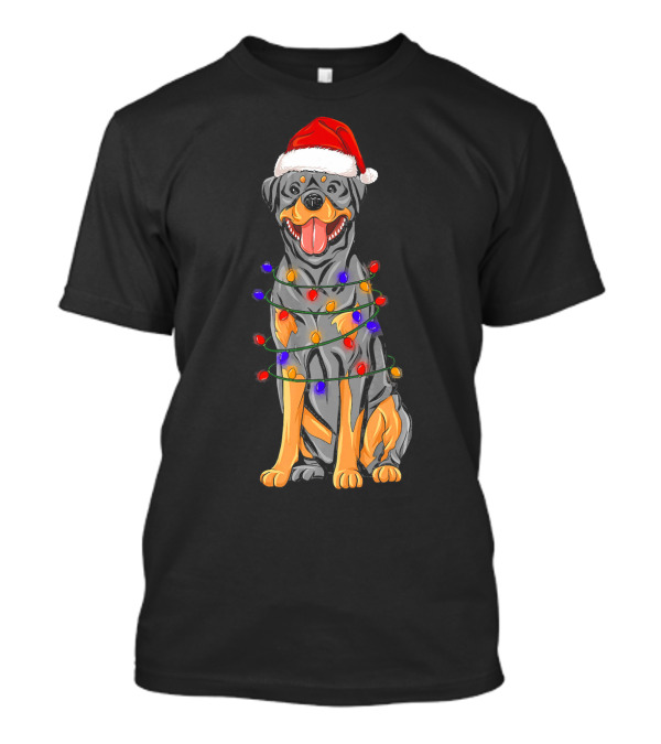 Rottweiler Christmas Santa Hat Wrapped In Colorful Xmas Lights T-Shirt
