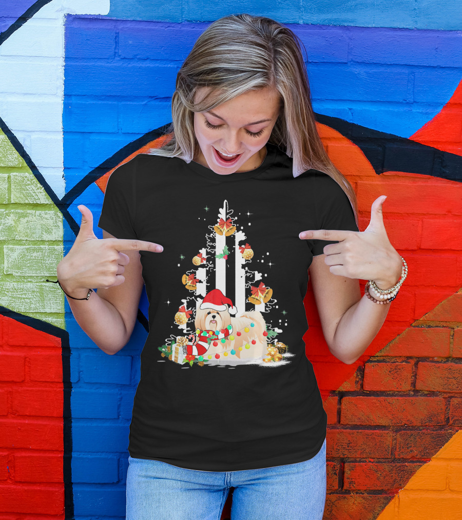Shih Tzu Santa Hat USA Flag Christmas Tree Decorations T-Shirt