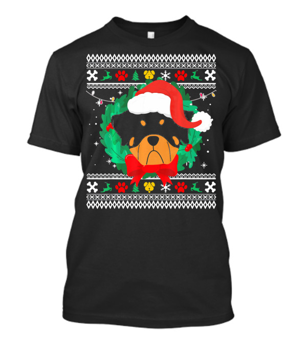 Rottweiler Christmas Santa Hat Wreath Paw Prints Ugly T-Shirt