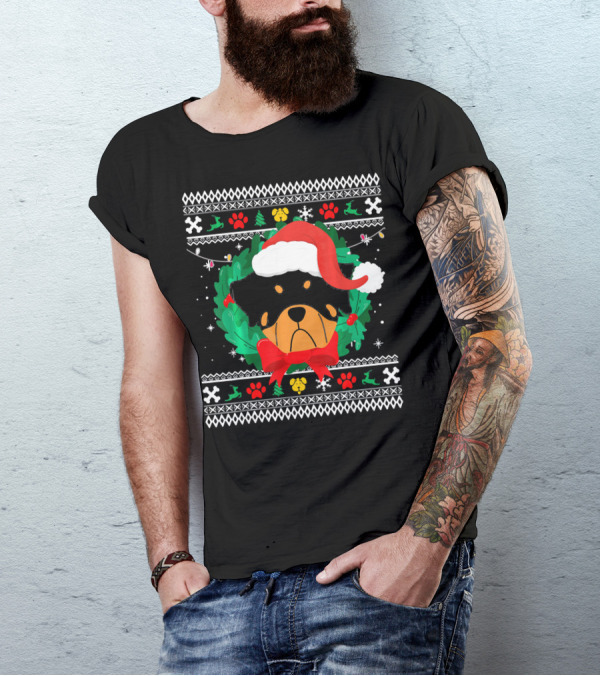 Rottweiler Christmas Santa Hat Wreath Paw Prints Ugly T-Shirt