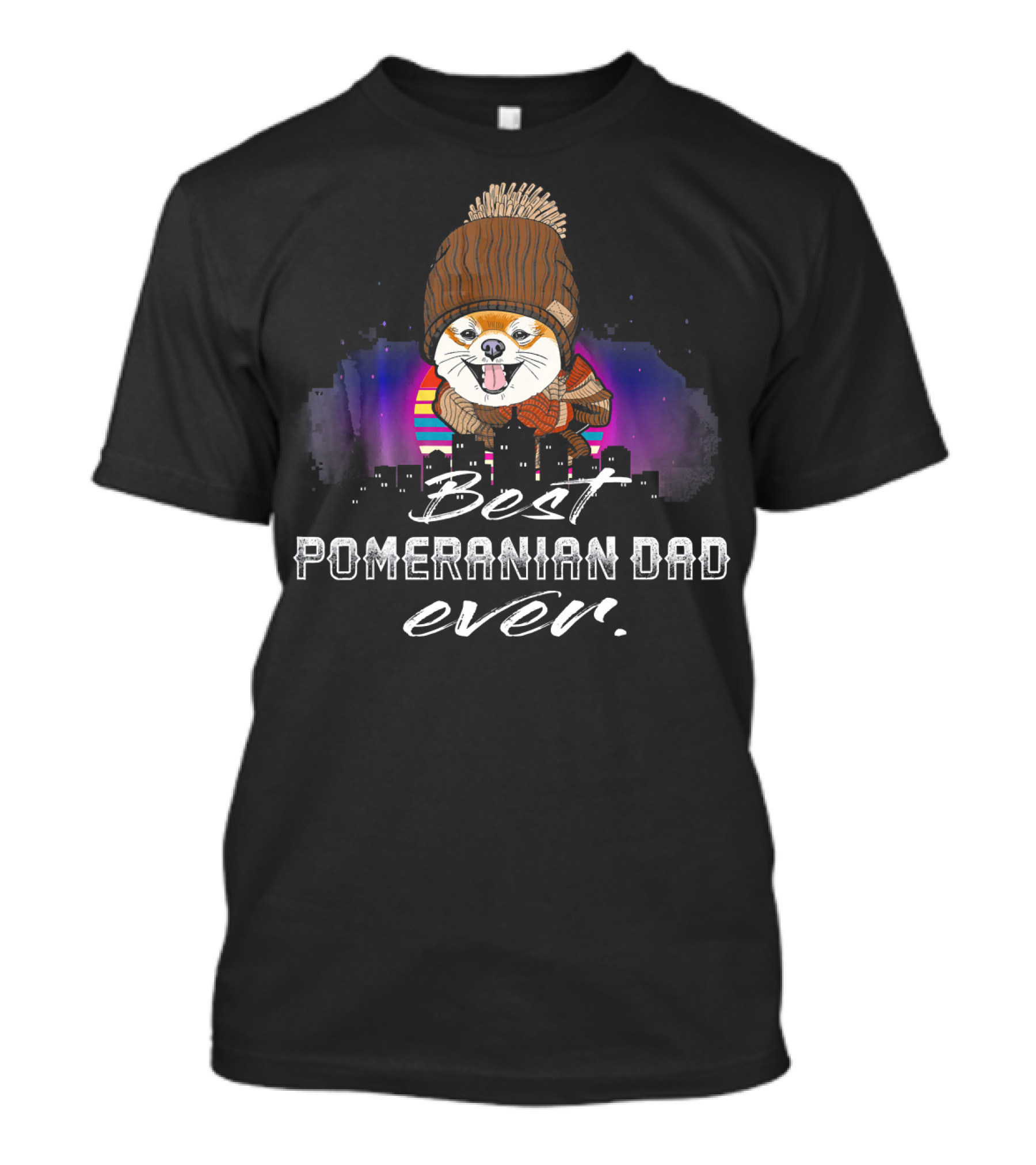Vintage Best Pomeranian Dad Ever With Cute Dog In Beanie And Scarf T-Shirt