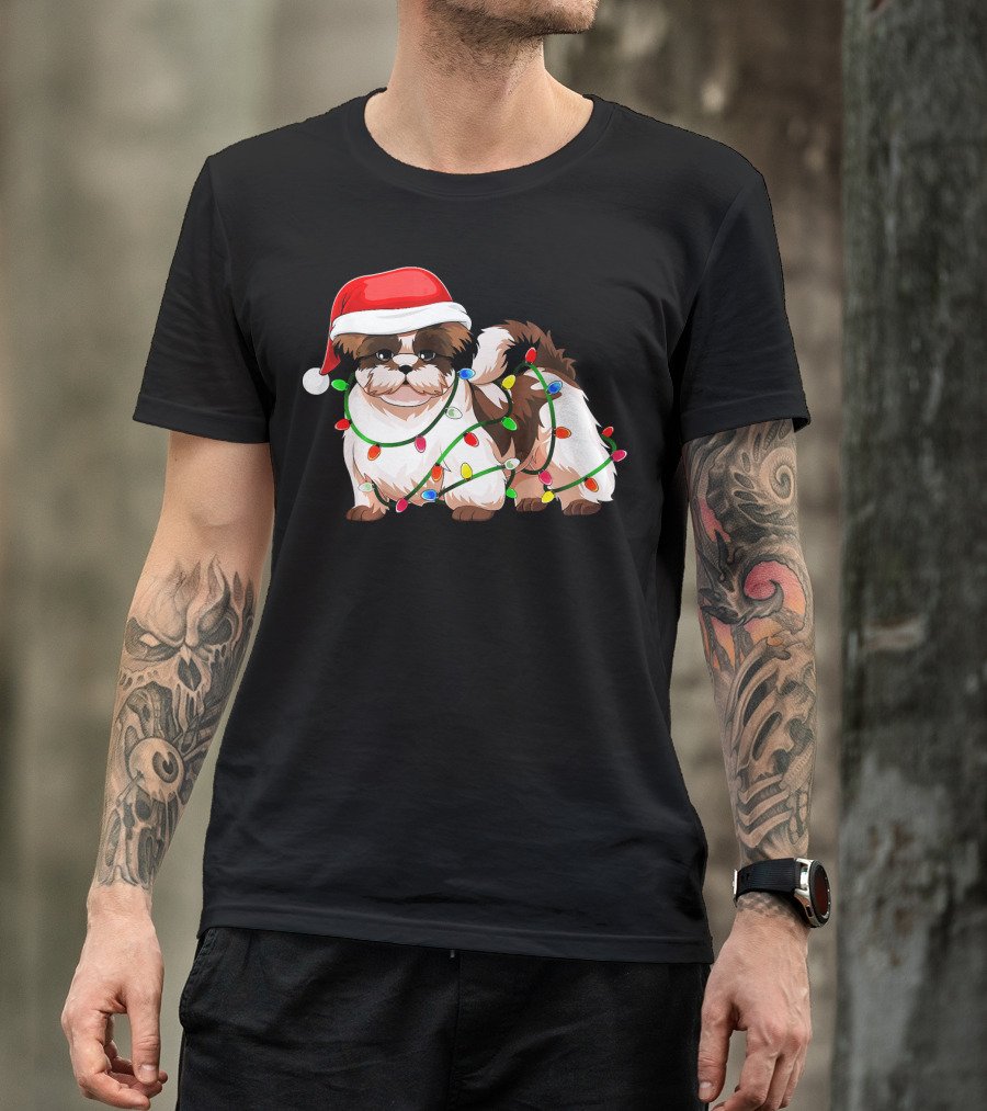 Shih Tzu In Christmas Santa Hat With Holiday Lights T-Shirt