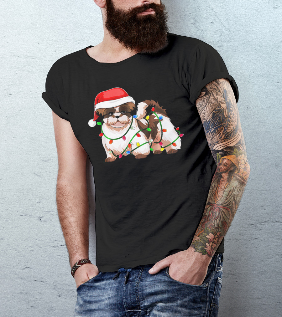 Shih Tzu In Christmas Santa Hat With Holiday Lights T-Shirt
