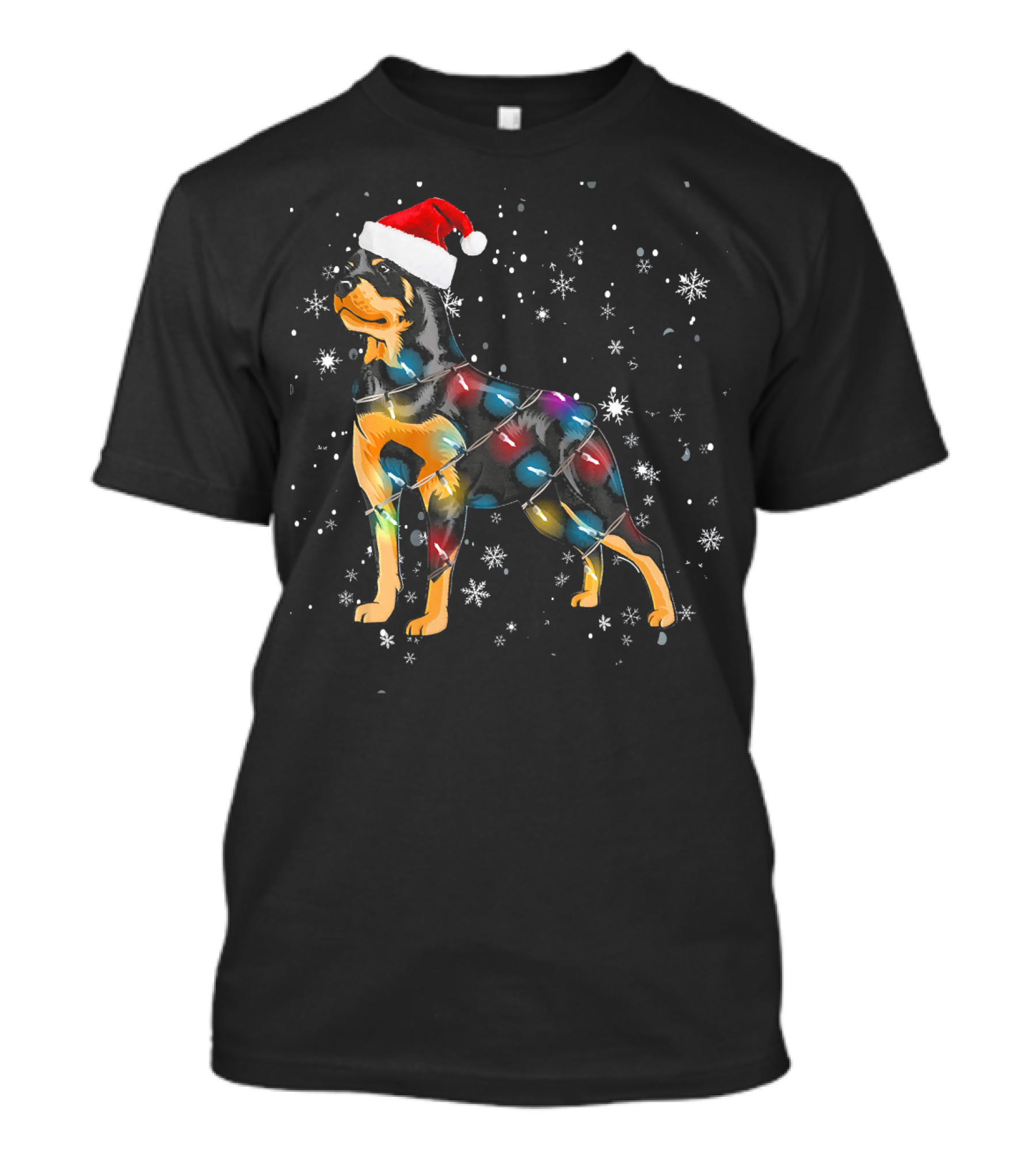 Rottweiler Santa Hat Christmas Lights And Snowflakes T-Shirt