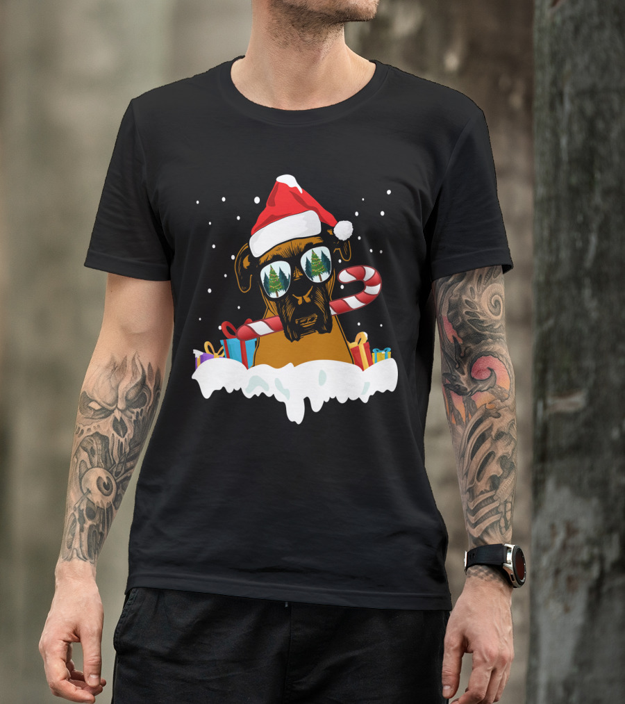 Santa Boxer Dog Candy Cane Sunglasses Holiday Gifts T-Shirt