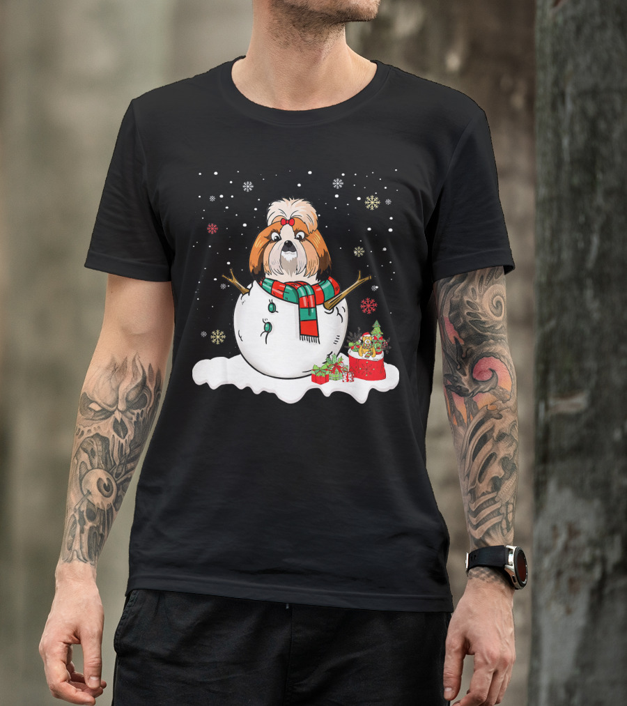 Shih Tzu Lover Merry Christmas Snowman Winter Scene T-Shirt