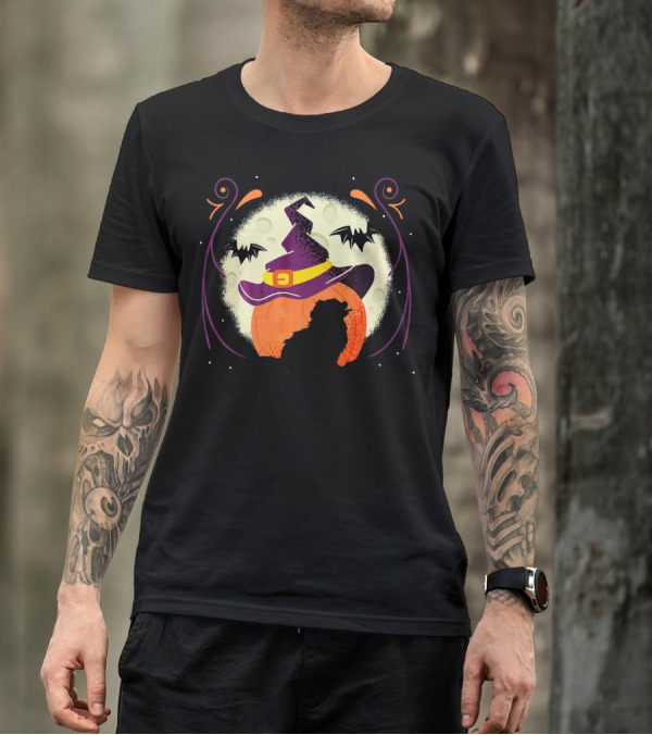Spooky Pomeranian Witch Hat Pumpkin Moon Bats T-Shirt