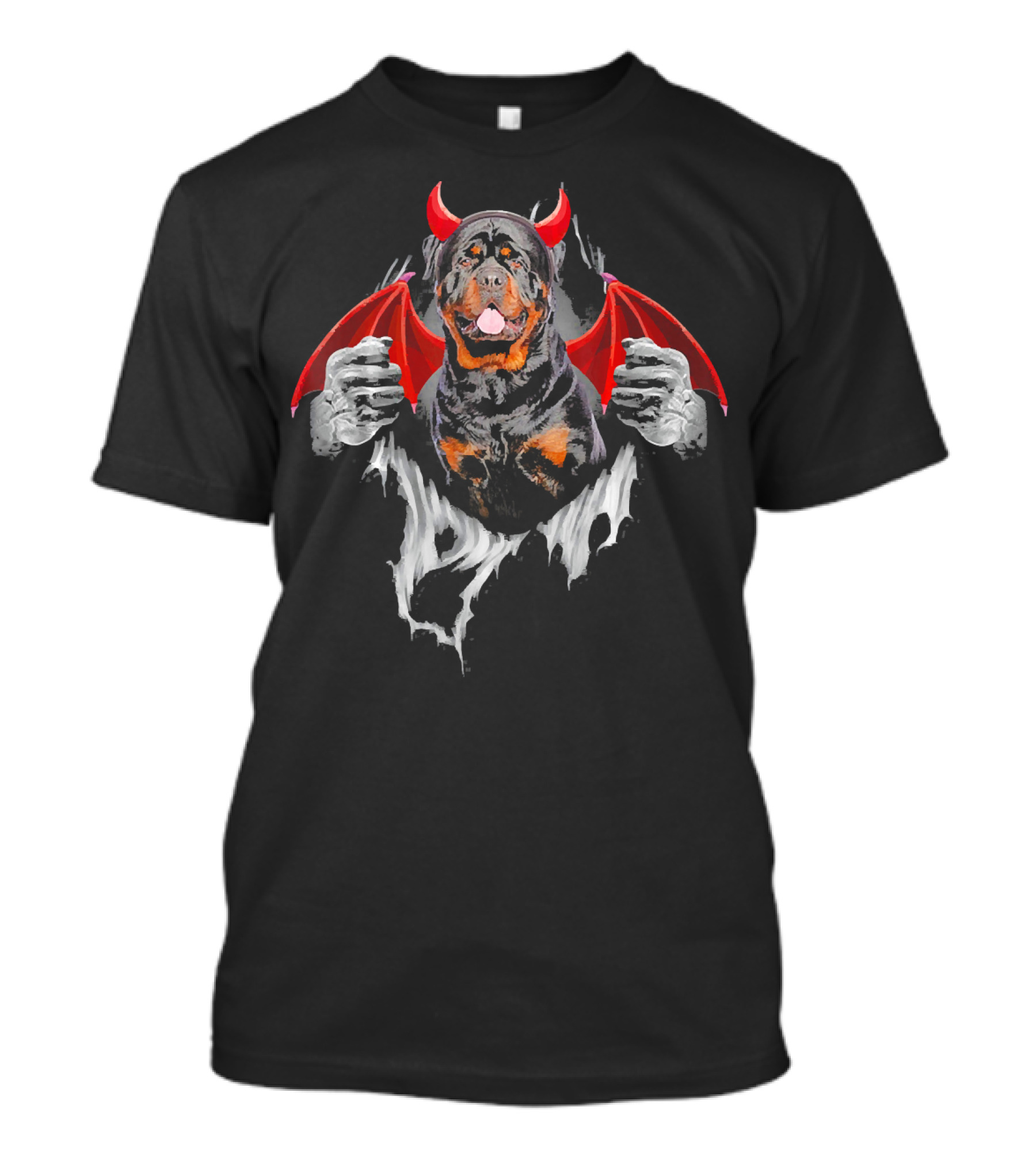 Rottweiler Dog With Devil Horns And Bat Wings في Torn T-Shirt