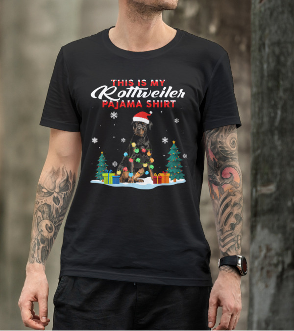 This Is My Rottweiler Pajama Shirt Christmas Lights Snowflakes Gift Trees T-Shirt