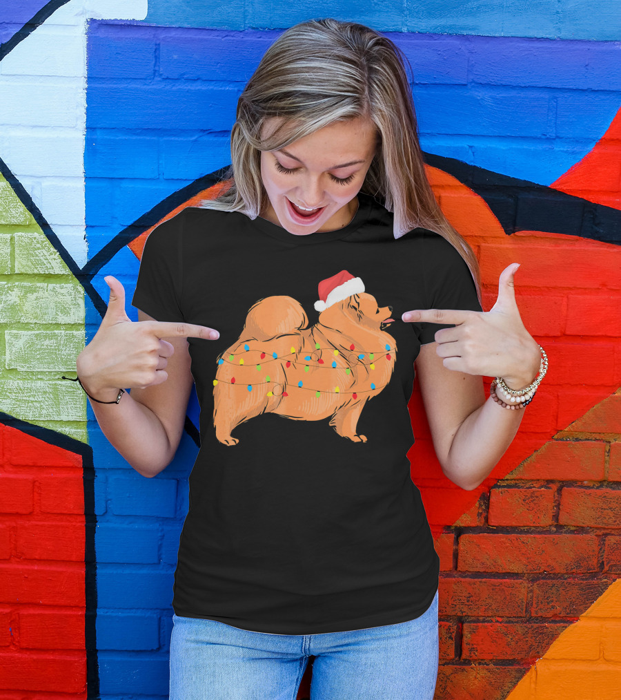 Santa Pomeranian With Christmas Lights Holiday T-Shirt