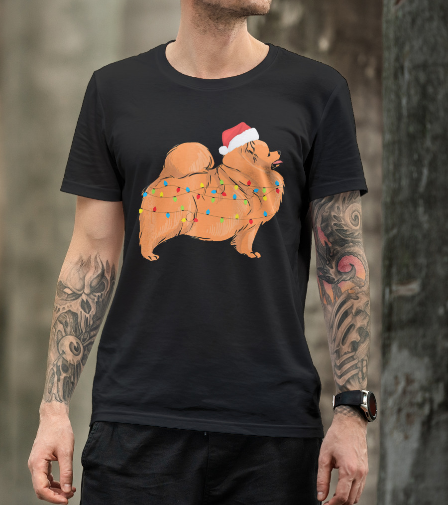 Santa Pomeranian With Christmas Lights Holiday T-Shirt