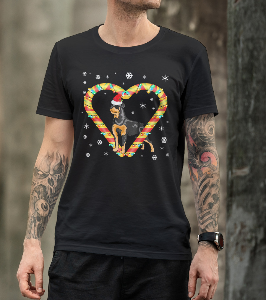 Rottweiler Santa Hat Candy Cane Heart Snowflakes T-Shirt