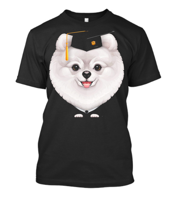 White Pomeranian Graduation Cap With Paw Print Tassel T-Shirt