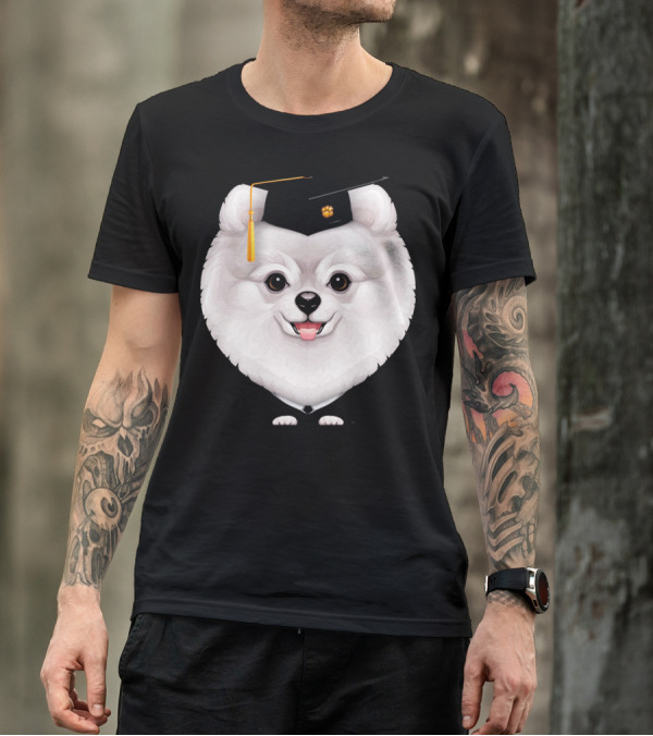 White Pomeranian Graduation Cap With Paw Print Tassel T-Shirt