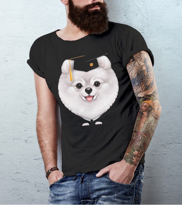 White Pomeranian Graduation Cap With Paw Print Tassel T-Shirt