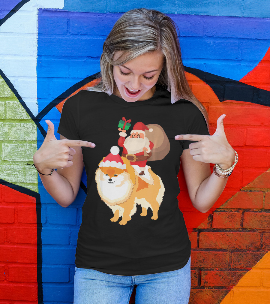 Santa Claus On Pomeranian With Gift And Sack T-Shirt