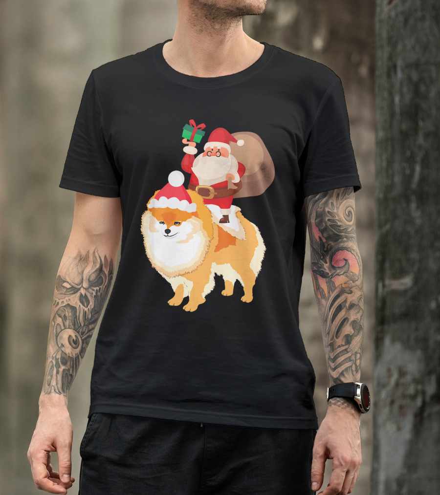 Santa Claus On Pomeranian With Gift And Sack T-Shirt