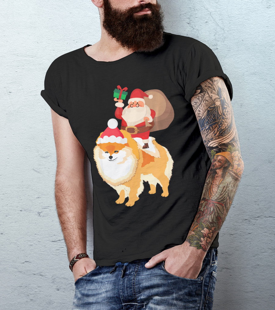 Santa Claus On Pomeranian With Gift And Sack T-Shirt