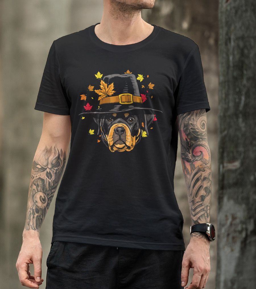 Thanksgiving Rottweiler Pilgrim Hat Autumn Leaves T-Shirt