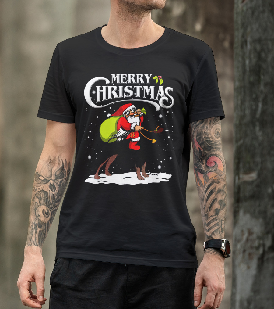 Merry Christmas Santa Riding Rottweiler Snow Scene T-Shirt