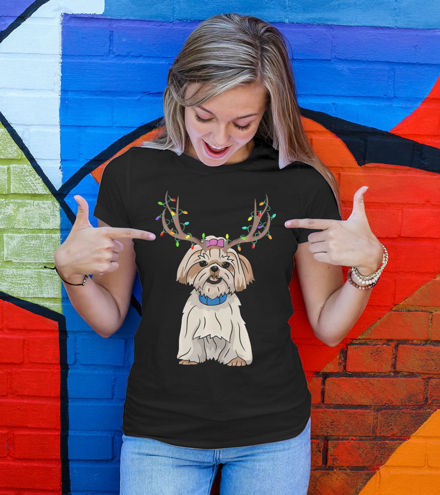 Shih Tzu Reindeer Horn Christmas Lights Funny Family Matching T-Shirt
