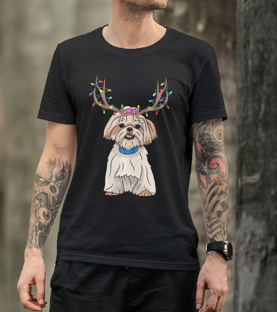 Shih Tzu Reindeer Horn Christmas Lights Funny Family Matching T-Shirt