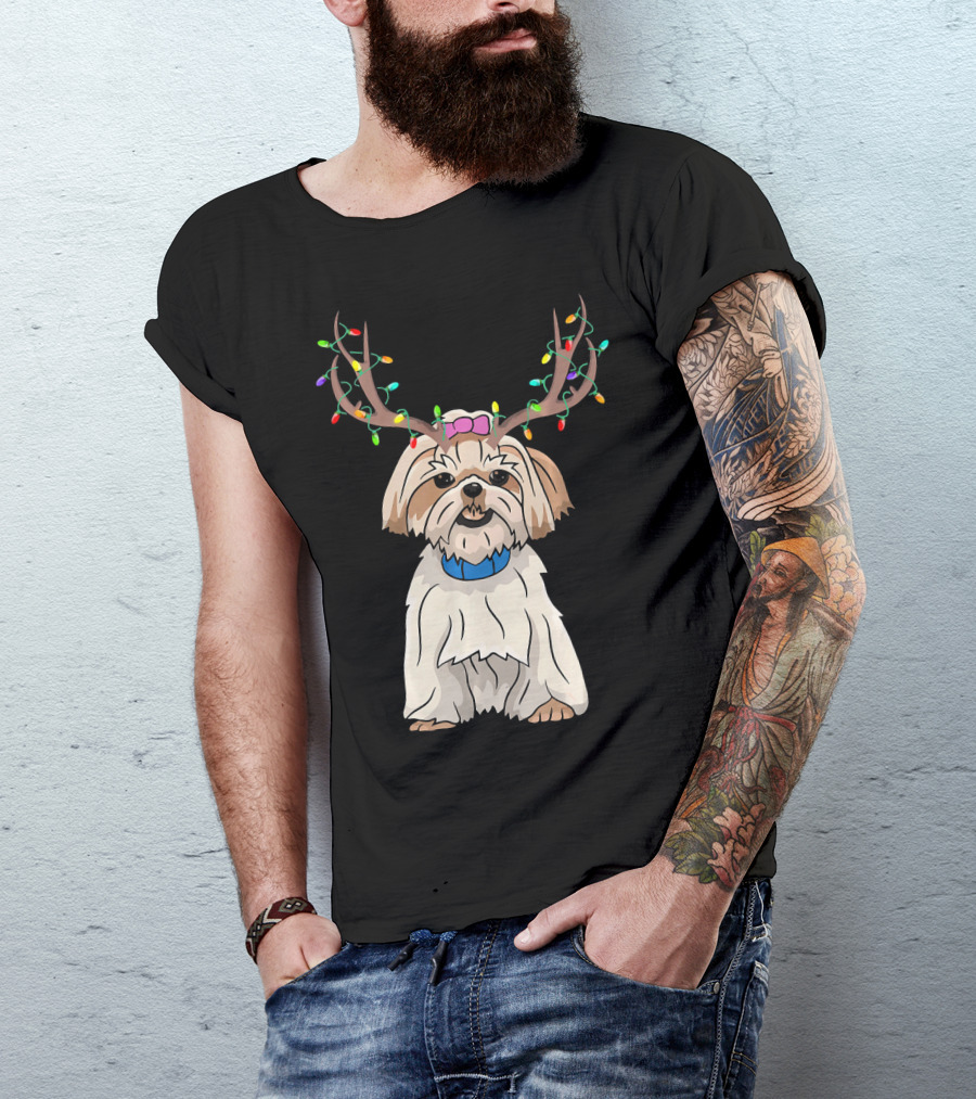 Shih Tzu Reindeer Horn Christmas Lights Funny Family Matching T-Shirt