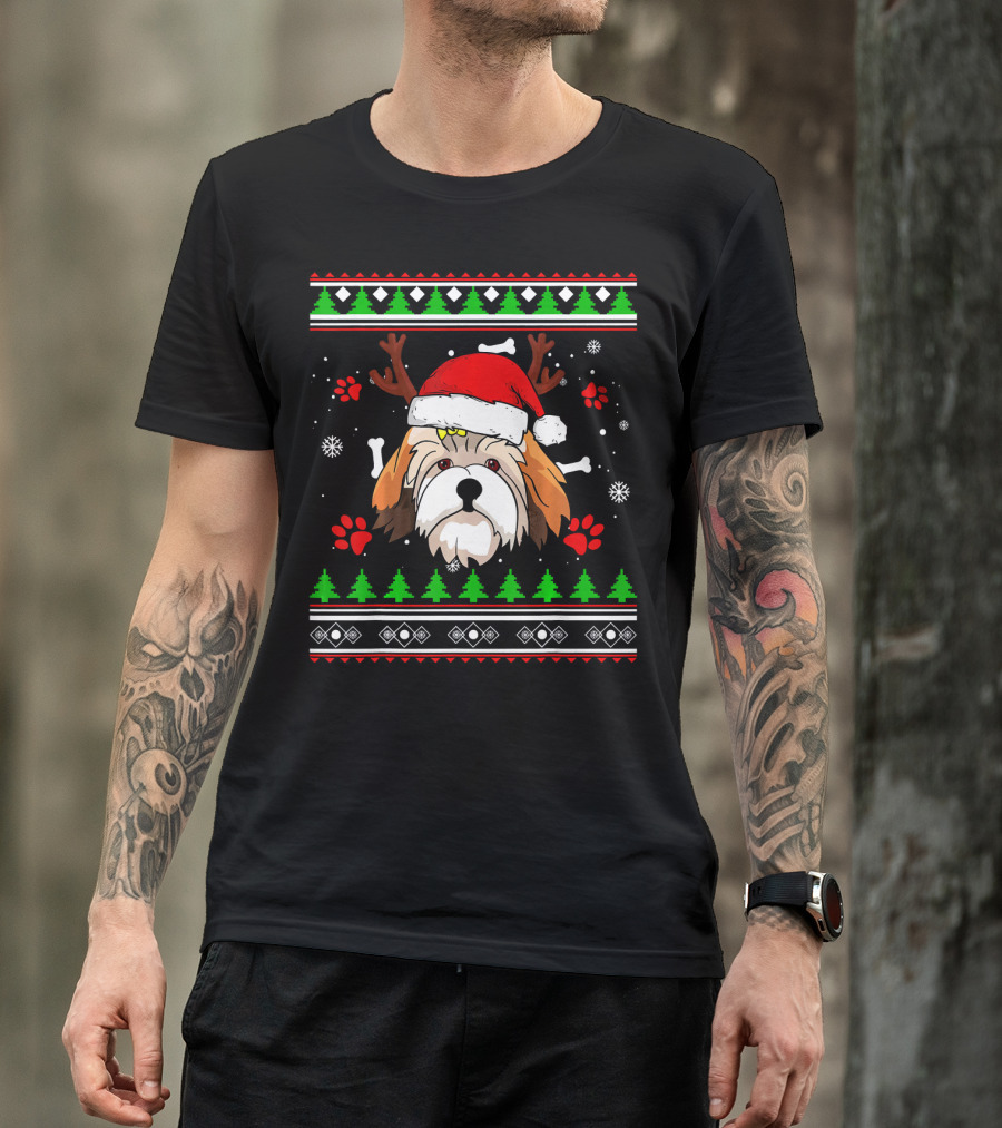 Shih Tzu Ugly Christmas Reindeer Santa Hat Pattern Paw Print Snowflakes T-Shirt