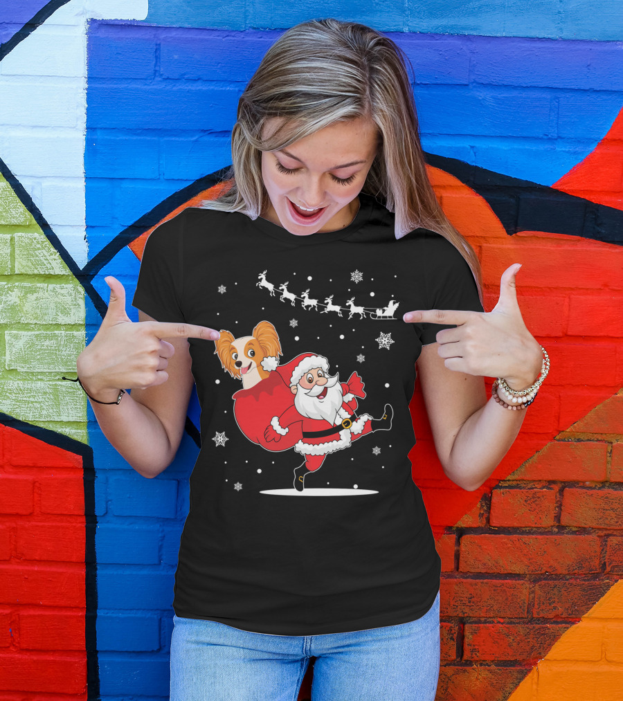 Santa Claus And Papillon Reindeer Sleigh Snowflakes T-Shirt