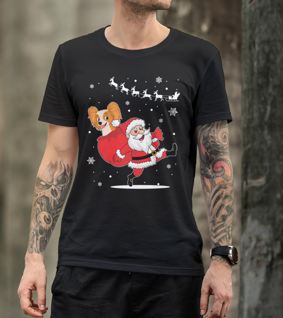 Santa Claus And Papillon Reindeer Sleigh Snowflakes T-Shirt