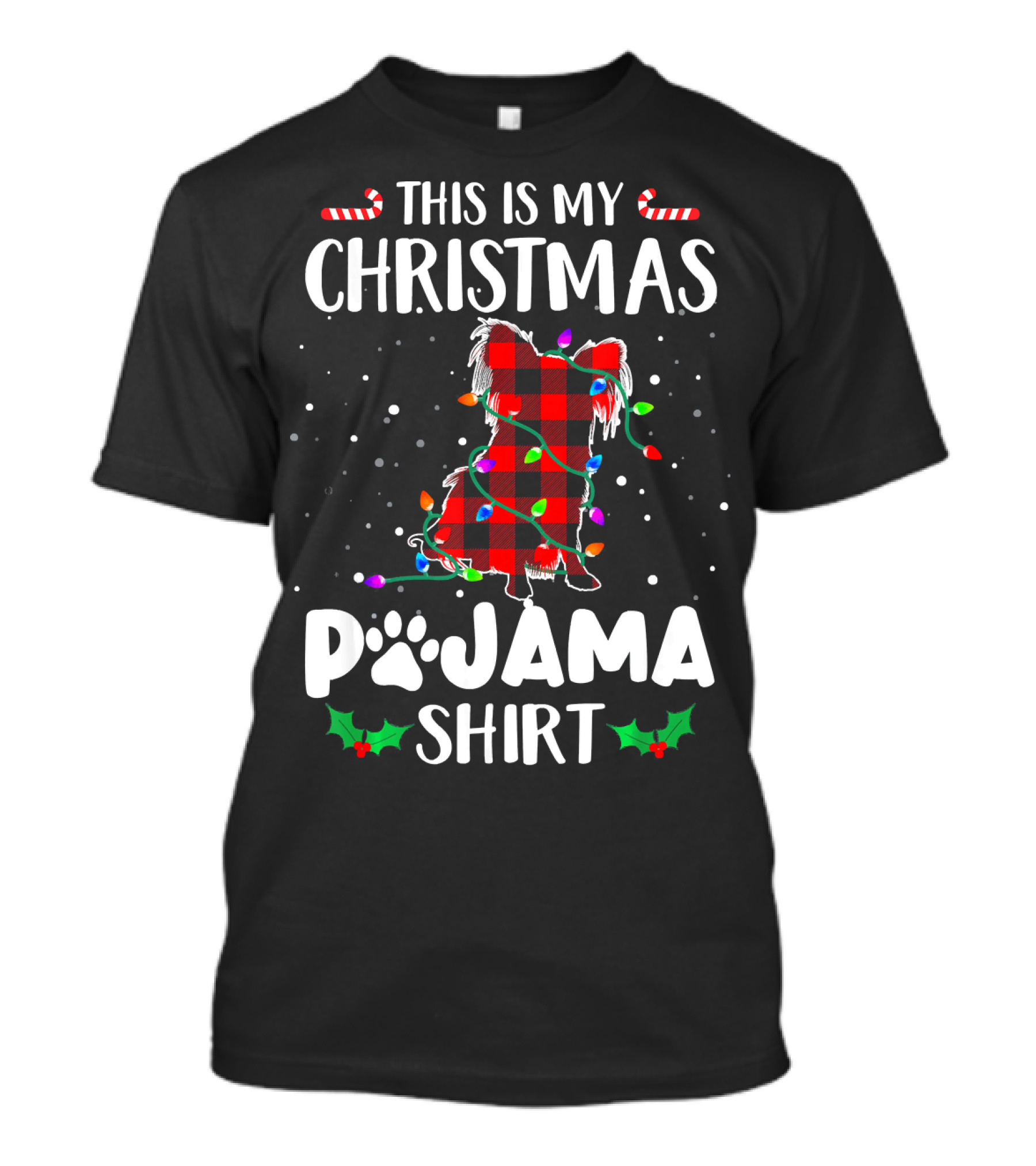 THIS IS MY CHRISTMAS PAJAMA SHIRT PAPILLON DOG CANDY CANE LIGHTS HOLLY T-Shirt