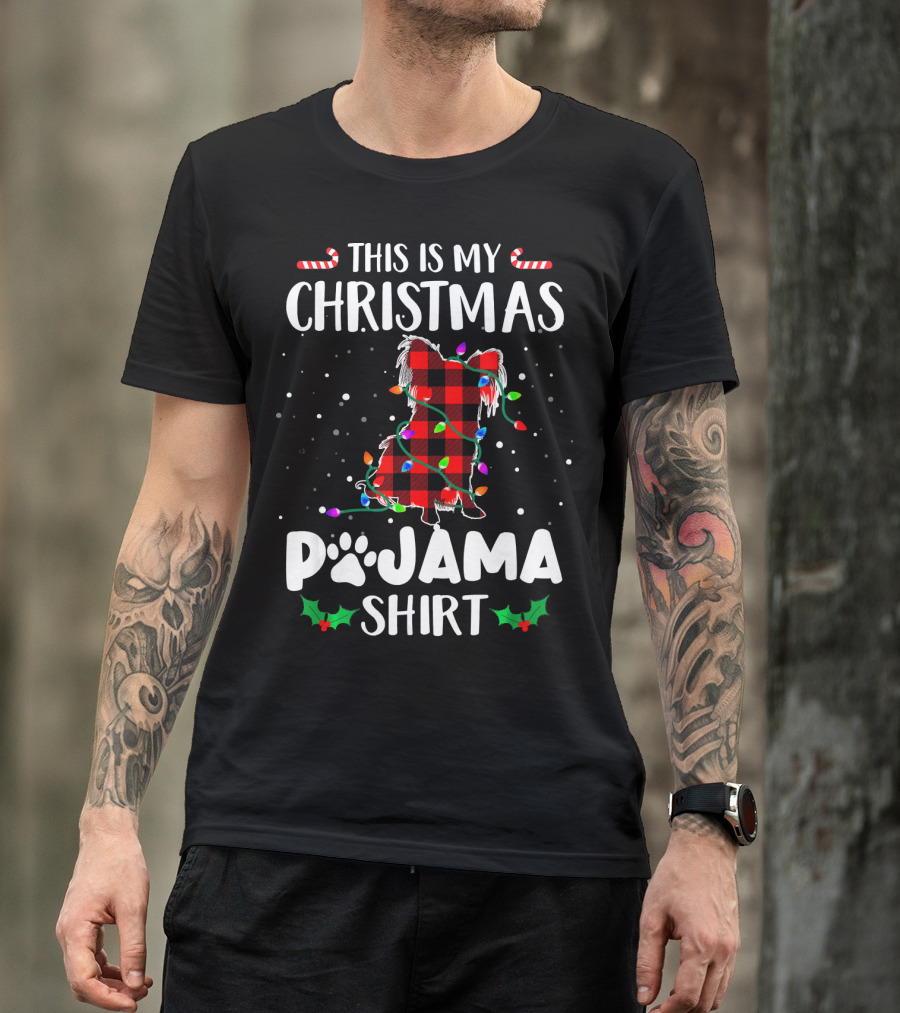 THIS IS MY CHRISTMAS PAJAMA SHIRT PAPILLON DOG CANDY CANE LIGHTS HOLLY T-Shirt