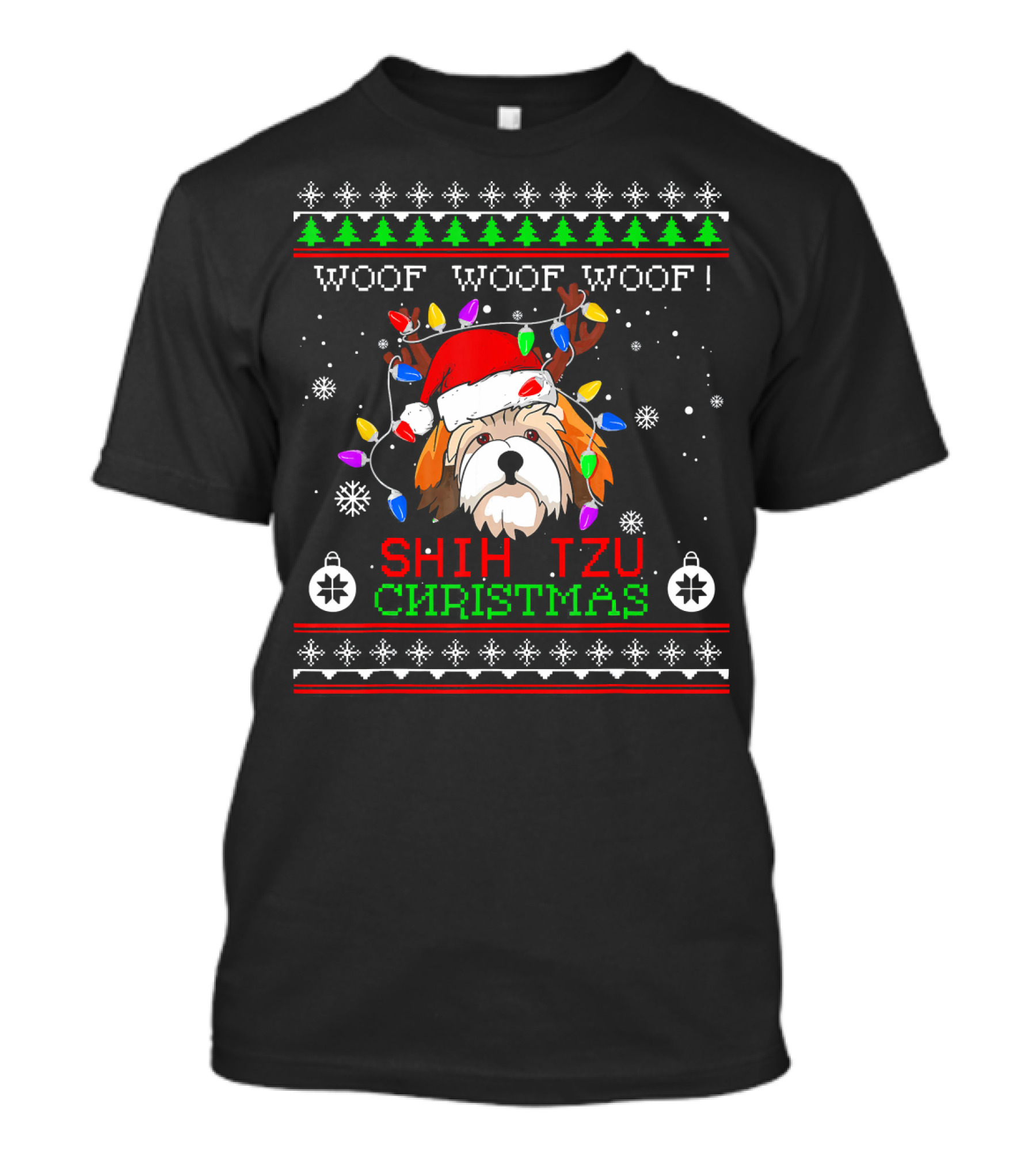 Woof Woof Woof Shih Tzu Christmas Lights Ugly Xmas T-Shirt