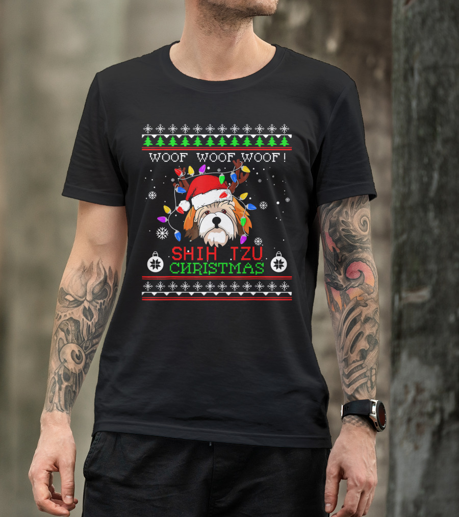 Woof Woof Woof Shih Tzu Christmas Lights Ugly Xmas T-Shirt