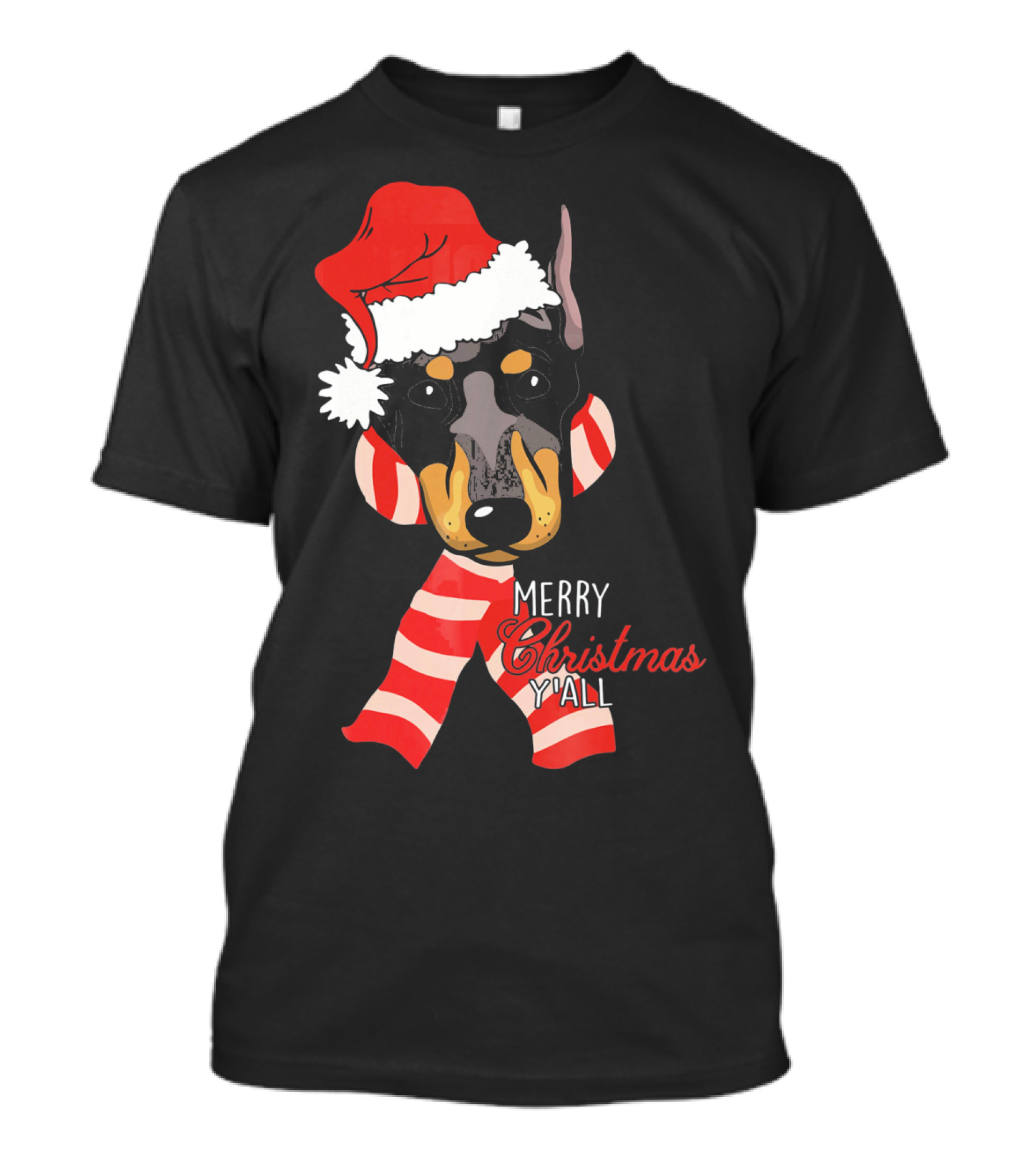 Doberman Dog Merry Christmas Y'all With Santa Hat And Red Stripes T-Shirt