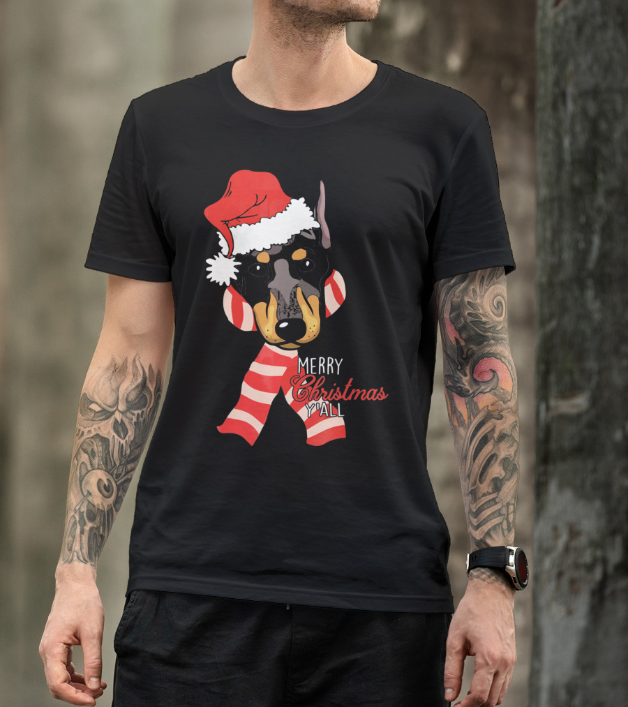 Doberman Dog Merry Christmas Y'all With Santa Hat And Red Stripes T-Shirt