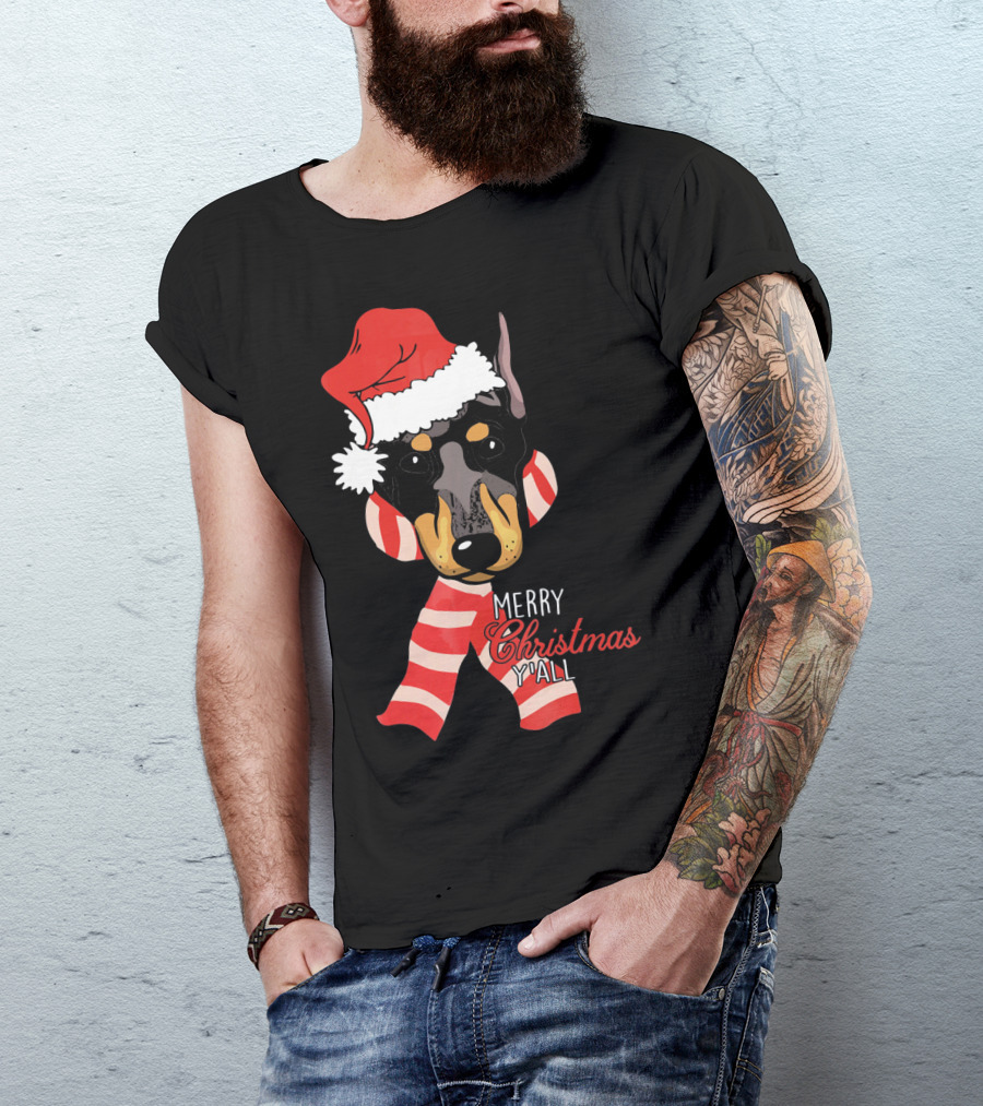 Doberman Dog Merry Christmas Y'all With Santa Hat And Red Stripes T-Shirt