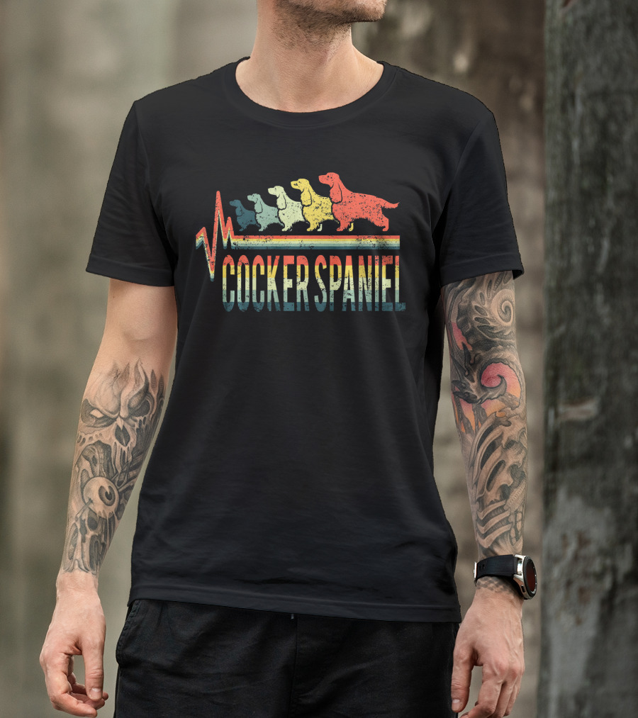 Vintage Retro Cocker Spaniel Heartbeat Stripe T-Shirt