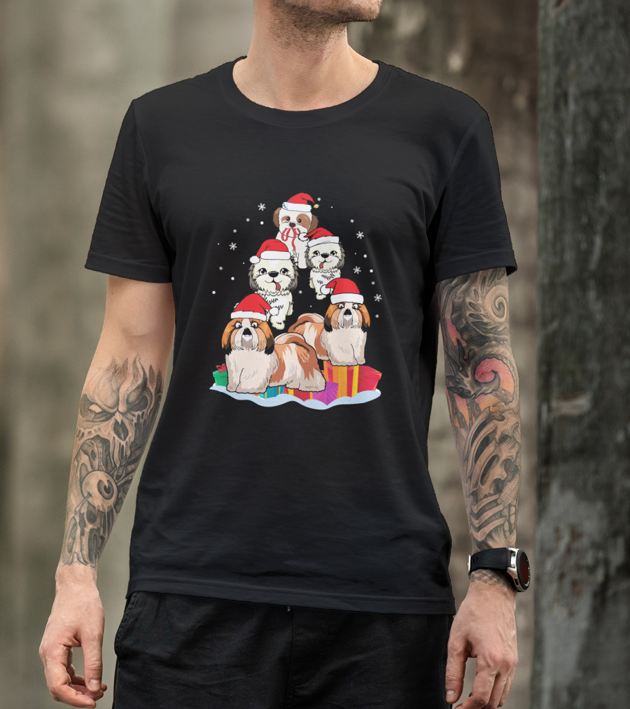 Shih Tzu Noel Hat Christmas Presents Stack With Snowflakes T-Shirt