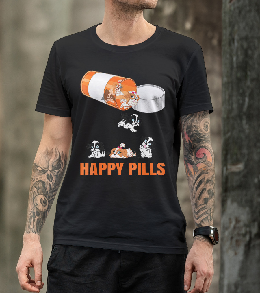 Shih Tzu Dogs In Happy Pills Cartoon Medicine Capsule Fun T-Shirt