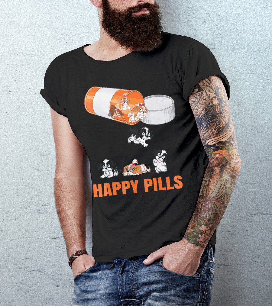 Shih Tzu Dogs In Happy Pills Cartoon Medicine Capsule Fun T-Shirt