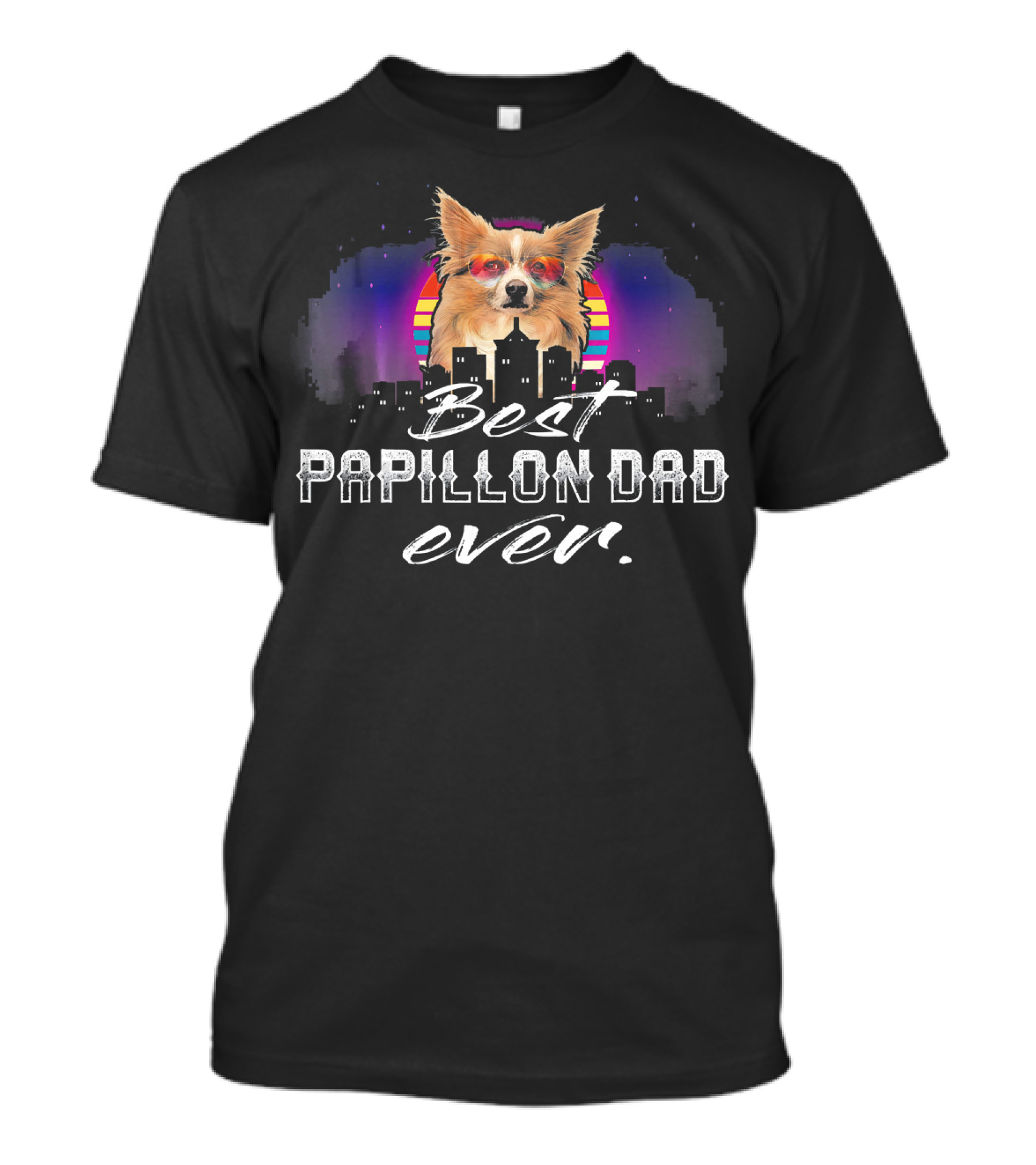 Vintage Best Papillon Dad Ever With Retro Cityscape And Sunglasses Dog T-Shirt